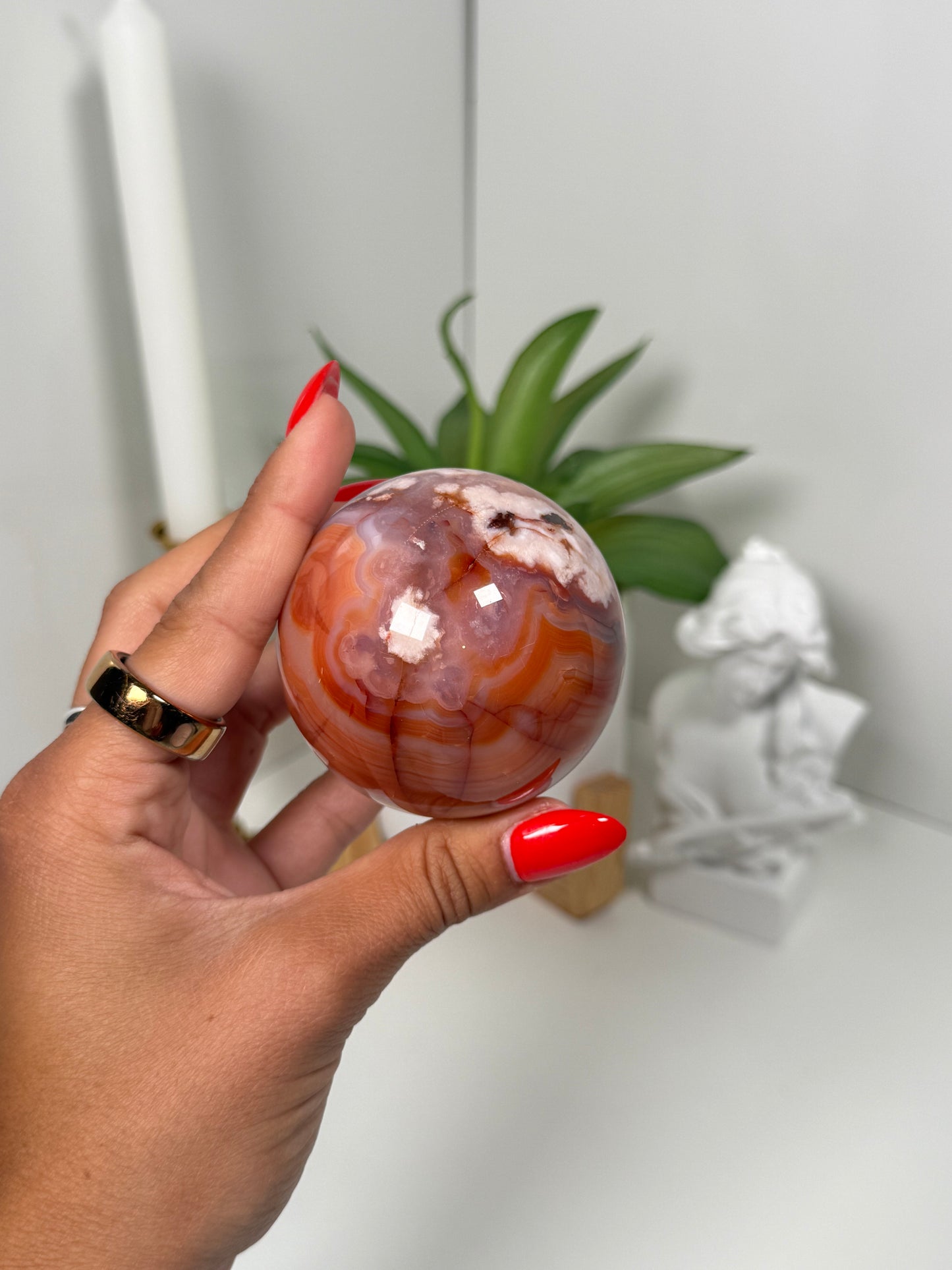 Carnelian x flower agate sphere (75d)