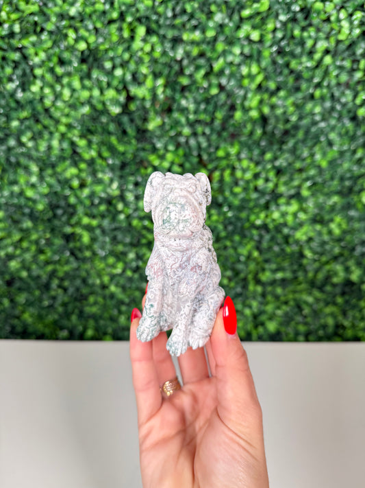 Moss Agate Dog Carving (28G)