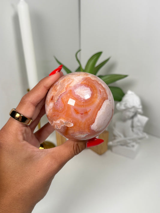 Carnelian x flower agate sphere (137a)