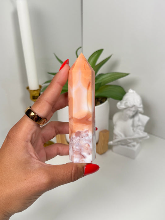 Carnelian x Flower Agate Tower (32* Chipped Tip)